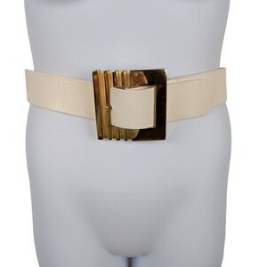Vintage Alexis Kirk Cream Snakeskin Belt Gold Tone Architectural Buckle Wide 80s